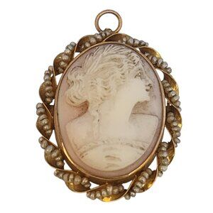 Antique Pink Shell Cameo 14kt Gold & Seed Pearl Brooch/Pendant (A5318)